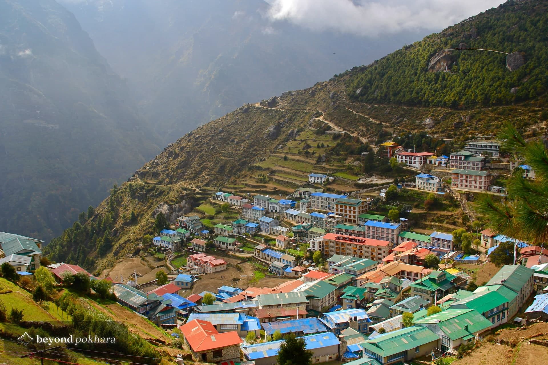 The town of Namche Bazaar on its hillside in the Everest region, ordinary daily life in a part of Nepal that is safe to travel