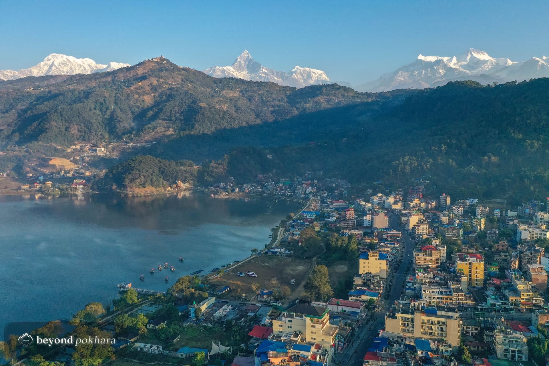 Phewa Lake and Pokhara from the air, the base for planning a trip across Nepal